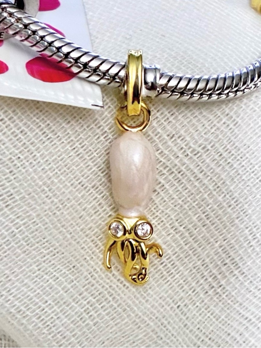 Squid Dangle Charm, 14k Gold Vermeil/925 Sterling | Pearlescent White Enamel